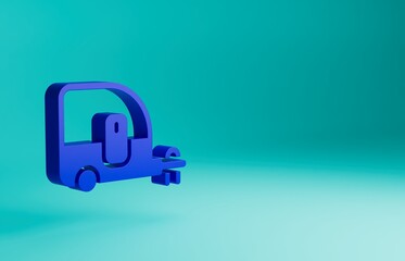 Blue Rv Camping trailer icon isolated on blue background. Travel mobile home, caravan, home camper for travel. Minimalism concept. 3D render illustration
