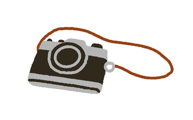 Photo camera on strap. Analog film photocamera, lens photography equipment. Retro photographic cam. Nostalgia object for analogue photograph. Flat vector illustration isolated on white background