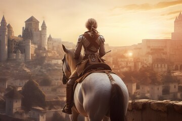 Medieval knight girl on horse. Generate Ai - obrazy, fototapety, plakaty