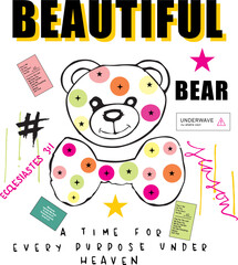 colorful lettering and teddy bear print pattern