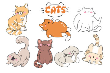 Cute and funny cats doodle vector set. Cartoon cat or kitten characters design collection with flat color in different poses. Set of purebred pet animals isolated