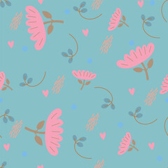 Cute Hand Drawn Floral Seamless Vector Patterns. Colorful Flowers, Leaves Isolated on a turquoise Background. Infantile Style Florals Print ideal for Fabric, Textile.