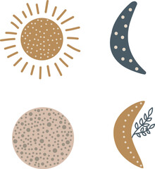 Boho neutral magic moon, vector illustration for design, print, pattern, isolated on white background