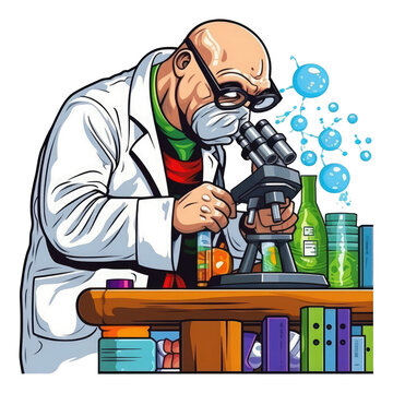 A Scientist English Bulldog sitting at a microscope, examining a petri dish with intense concentration, while wearing a white lab coat and safety goggles, Generative Ai