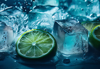a view of water with slices of lime and cubes of ice, in the style of light blue and cyan