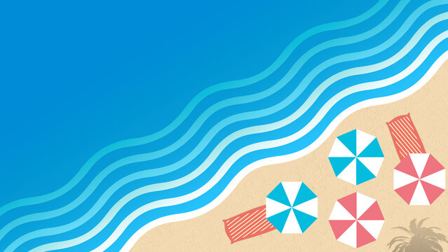 海と砂浜の上に並ぶビーチパラソルの背景イラスト