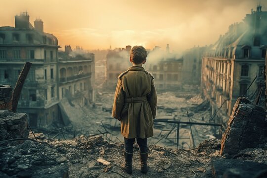 Military child boy ruined city. Generate Ai