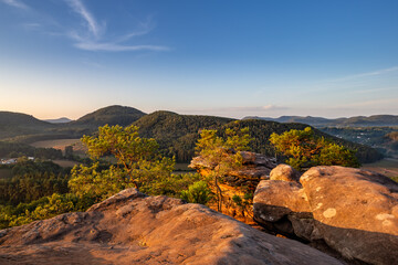 Early Morming Atmosphere above Dahn Rockland seen from Rock Sprinzelfelsen, Dahner Felsenland, Rhineland-Palatinate, Germany, Europe