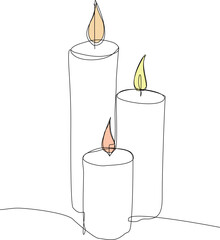 Burning aroma candles one line art vector illustration. Continuous line drawing of comfort theme and romance. Warm and calm atmosphere.