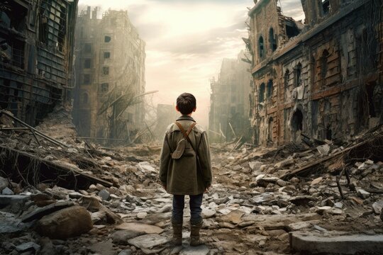 Military kid at ruined city. Generate Ai