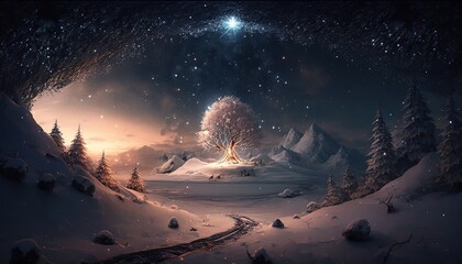 Landscape snow big tree Merry Christmas of winter wonderland galaxy beautiful stars. Ai generate