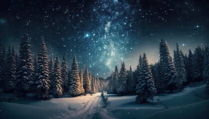 Landscape White snow pine forest Merry Christmas of winter wonderland galaxy beautiful stars light glow Ai generate