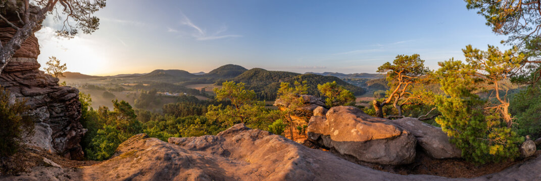 Panorama of Dahn Rockland in Early Morming Atmosphere, Dahner Felsenland, Rhineland-Palatinate, Germany, Europe