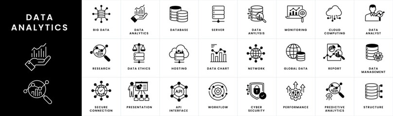 Data Analytics Icons. Analytics symbols,
Data visualization icons, Big data icons, Business intelligence symbols, Statistical analysis icons,
Data dashboard symbols, Predictive analytics icons.