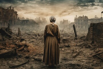Fototapeta premium Military old woman ruined city. Generate Ai