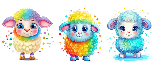 Naklejka premium Cute Happy Sheep, Colorful, Watercolor Sheep. Generative AI