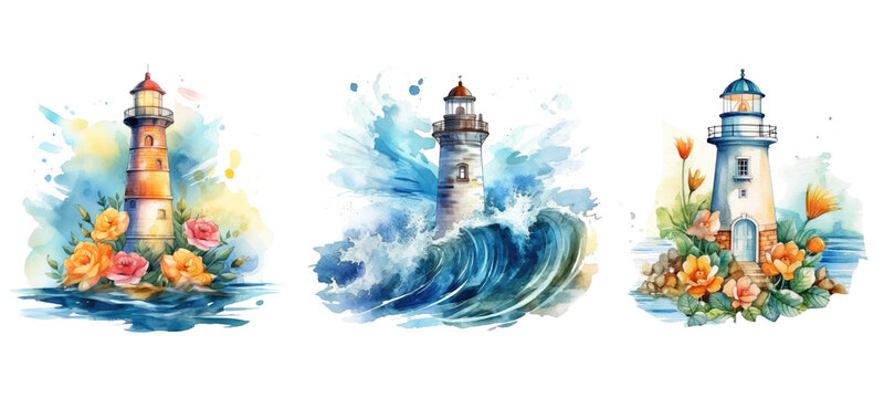 Watercolor Lighthouse, Floral lighthouse. Generative AI