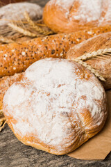 Homemade natural breads. Different kinds of fresh bread as background, perspective view with copy space