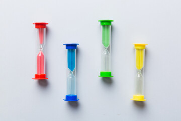 hourglass on the table, sand clock as time passing concept for business deadline, copy space