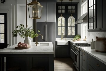 a modern farmhouse kitchen with sleek cabinets, marble countertops, and an oversized lantern, created with generative ai - obrazy, fototapety, plakaty
