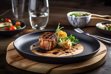 Gourmet Meal Plated Elegantly on Rustic Wooden Table, High-End Food Photography, Delicious Meal, Fine Dining - Generative AI