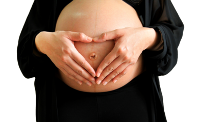 Close up pregnant woman in black dress forming heart-shape with her hands over her stomach isolated on transparent background. Pregnancy 7-9 months, motherhood, love, expectation. png transparency.