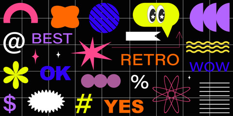 Shape set y2k style for banner. Y2k aesthetic.Shape set y2k style for decoaration.Simple shapes.Shape set y2k style for poster.Trendy 90s.Trendy geometric forms.