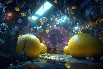 cyberpunk lemon land futuristic landscape lemon themed party