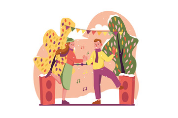 Fototapeta na wymiar Dance concept with people scene in the flat cartoon style. Young couple dancing in the park. Vector illustration.