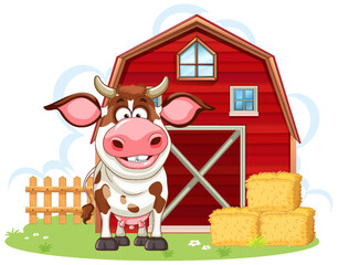 Cow with barn in cartoon style
