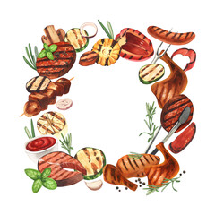 Watercolor frame barbecue. Elements for cooking bbq - grill, chicken and meat. Hand-drawn illustration isolated on white background. Perfect concept food menu, food drawing, design packing