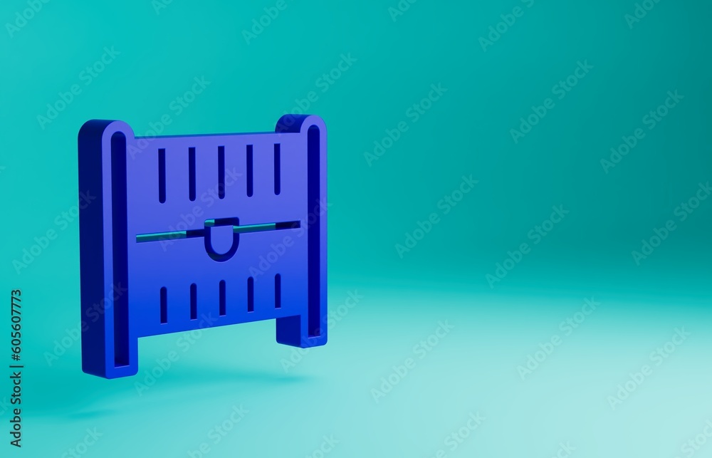 Wall mural Blue Antique treasure chest icon isolated on blue background. Vintage wooden chest with golden coin. Minimalism concept. 3D render illustration