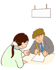 市役所の窓口で申請書類に記入する男性のイラスト