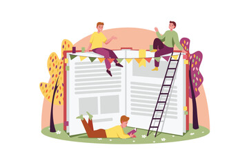 Concept Book festival with people scene in the flat cartoon design. A group of friends read an interesting book at a book festival. Vector illustration.