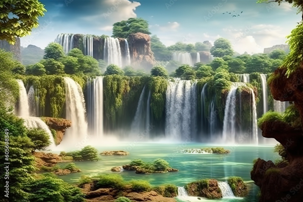 Poster isolated tropical beach creative design with waterfall.generative ai