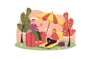 Travel vacation concept with people scene in the flat cartoon design. A married couple goes to travel to warm countries on vacation. Vector illustration.