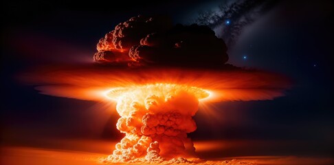Huge nuclear explosion. Powerful blast with a mushroom cloud on the horizon. World War 3. Panoramic background of nuclear apocalypse. Generative AI