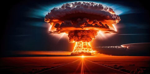 Asphalt road goes to a nuclear explosion. Powerful blast with a mushroom cloud on the horizon. World War 3. Panoramic background of nuclear apocalypse. Generative AI - obrazy, fototapety, plakaty