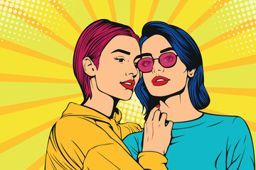 Lesbian couple hugging and kissing. Pride girls love vector illustration in pop art retro comic style.