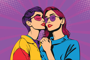 Lesbian couple hugging and kissing. Pride girls love illustration in pop art retro comic style