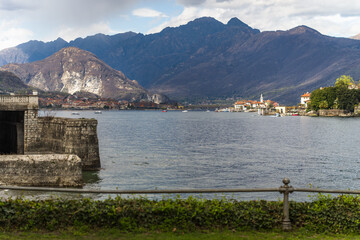 islands on Lake Maggiore surrounded by mountains on a cloudy day