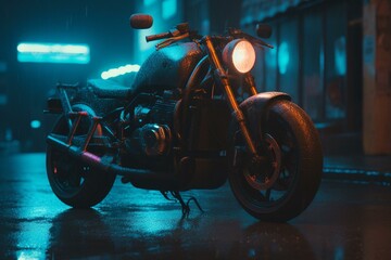 Futuristic motorcycle parked in rain with neon and speed lights. Generative AI