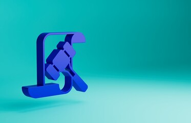 Blue Auction hammer icon isolated on blue background. Gavel - hammer of judge or auctioneer. Bidding process, deal done. Auction bidding. Minimalism concept. 3D render illustration