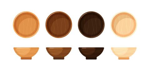 Empty wooden bowls, deep plates or dishes for soup, garnish and salad, side and top view. Vector flat cartoon set of serving tableware isolated on white background