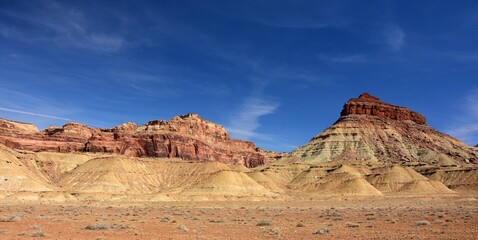 colorful red rock formations   on a sunny winter day   in the san rafael river canyon along the buckhorn draw scenic byway in the northern san rafael swell near green river,  utah 
