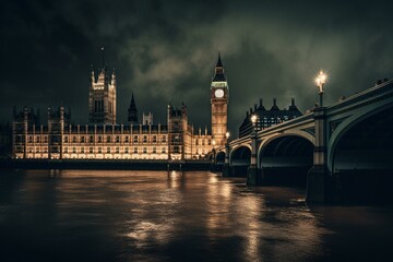 Fototapeta na wymiar Iconic British landmark, featuring Houses of Parliament, Big Ben, Elizabeth Tower and Westminster Bridge. Generative AI