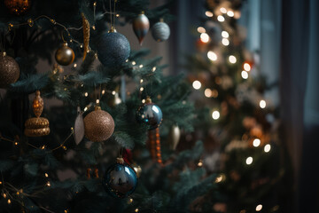 Fototapeta premium Christmas tree with baubles and blurred shiny lights