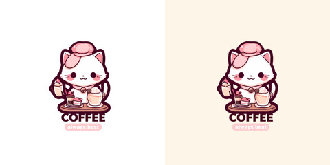 Coffee cafe vector logo design template with cute cat and slogan always best. Vector coffee shop labels.