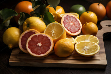 Close up of citrus fruits on wooden plate, Generative ai