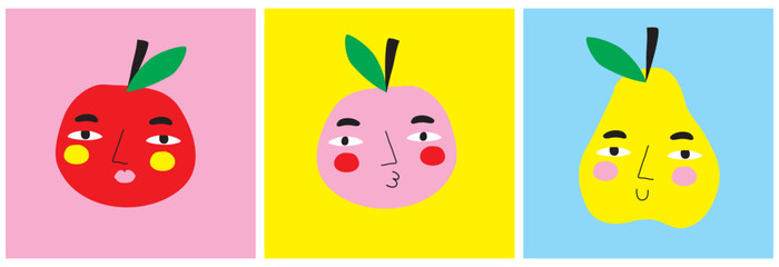 Cute Infantile Style Fruits. Abstract Hand Drawn Apples and Pear Isolated on a Pink, Yellow and Blue Background. Modern Childish Drawing Style Vector Illustration of Happy Colorful Smiling Fruits. 